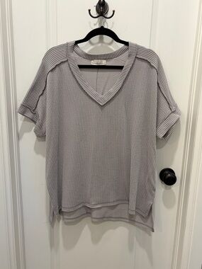 Zenana- Supply Relaxed V-Neck Knit Top - Light Gray